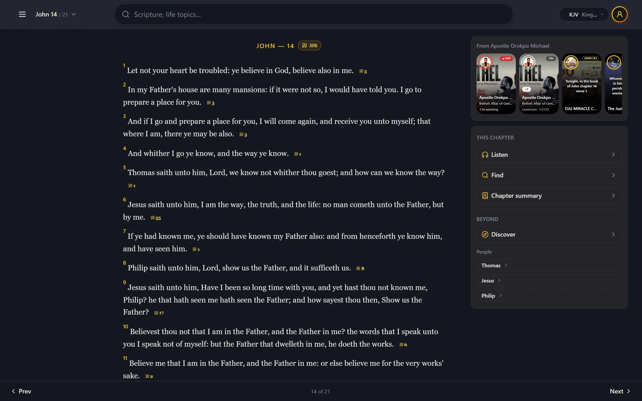 PocketTruth on a desktop browser: John 14 in the King James Version, with a panel of teacher clips, chapter tools and the people named in the chapter