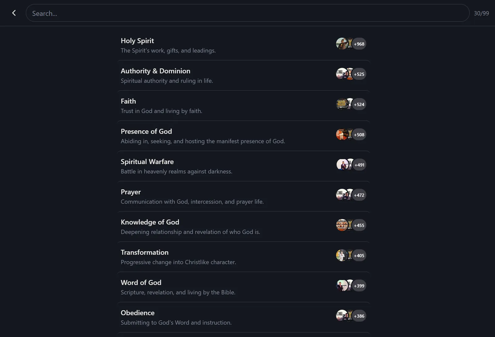 The PocketTruth study themes list: Holy Spirit, Faith, Authority and Dominion, Presence of God and more, each with the number of teachings behind it
