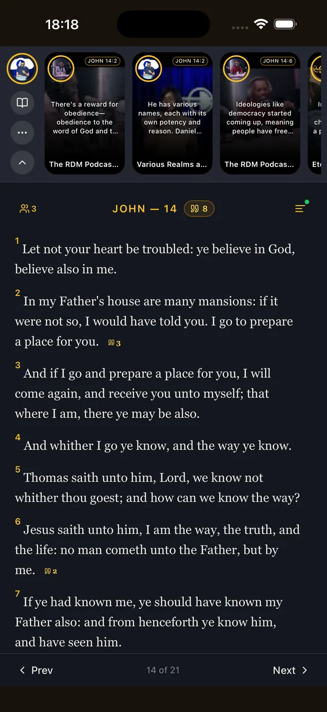 The PocketTruth reader showing John 14 with a row of teacher clips above the chapter